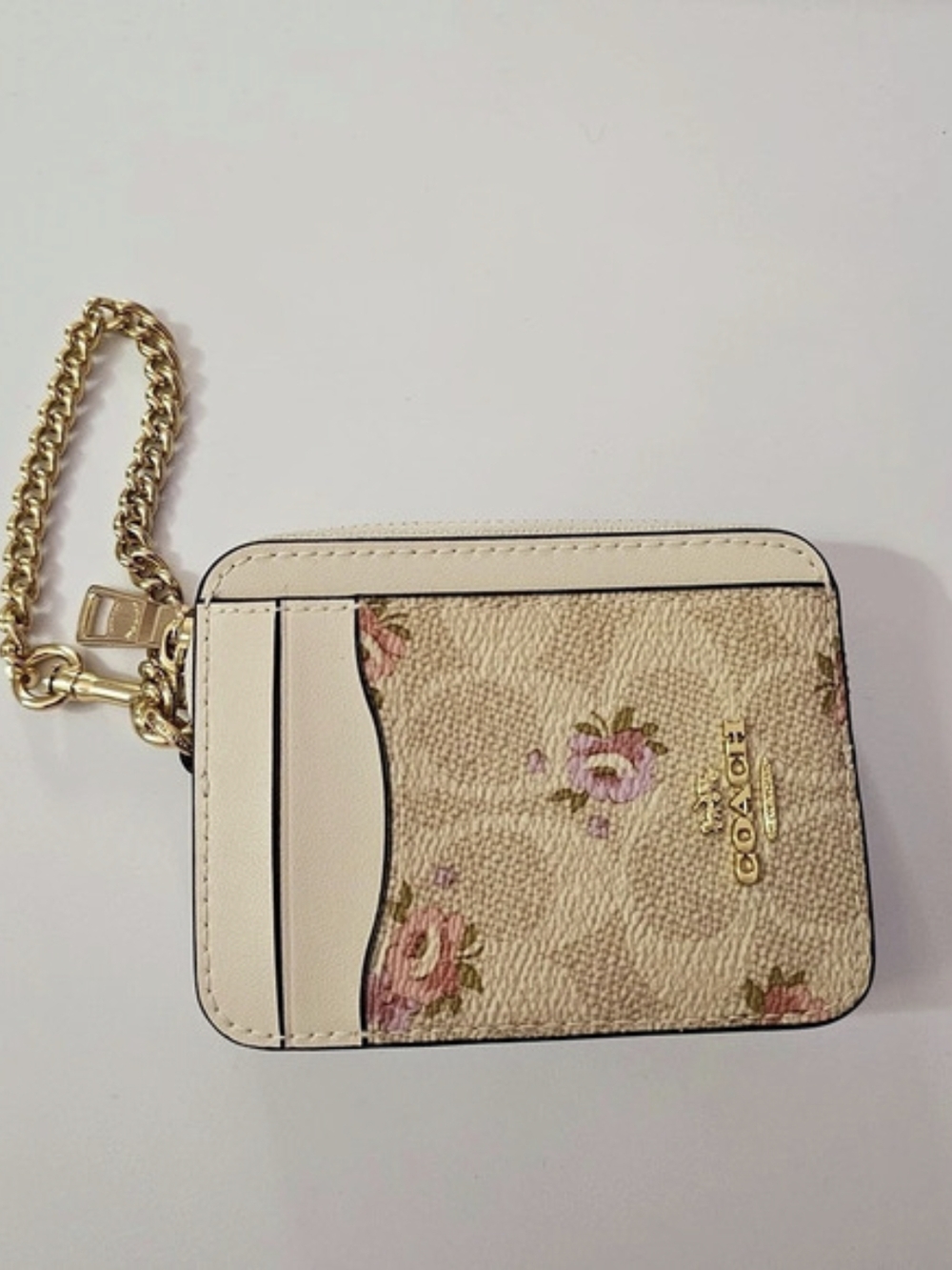 Coach Double Zip Chain Card Case Floral Chain Card Case in Cream & Pink NWT